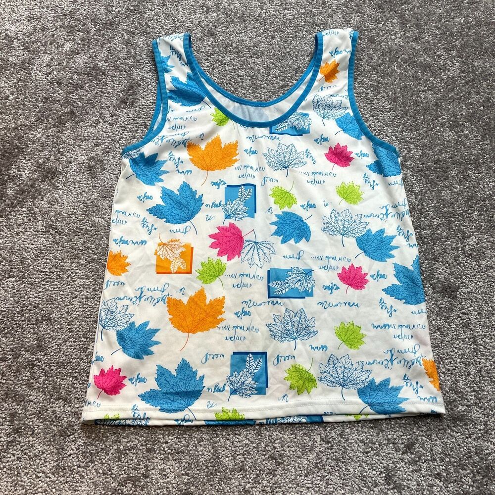 Unbranded Tank Top Girls Larg White with Blue Trim Colorful Leaves Cotton Soft